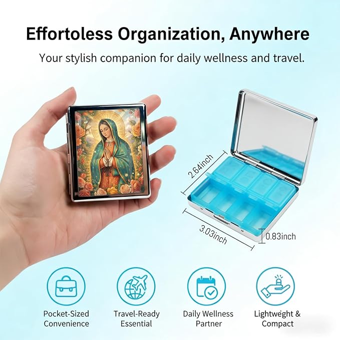 Weekly Pill Organizer, Metal Pill Box with 8 Compartments, Small Travel Pill Case for Purse Pocket, Medicine Vitamin Supplement Organizer (Rose Madonna)