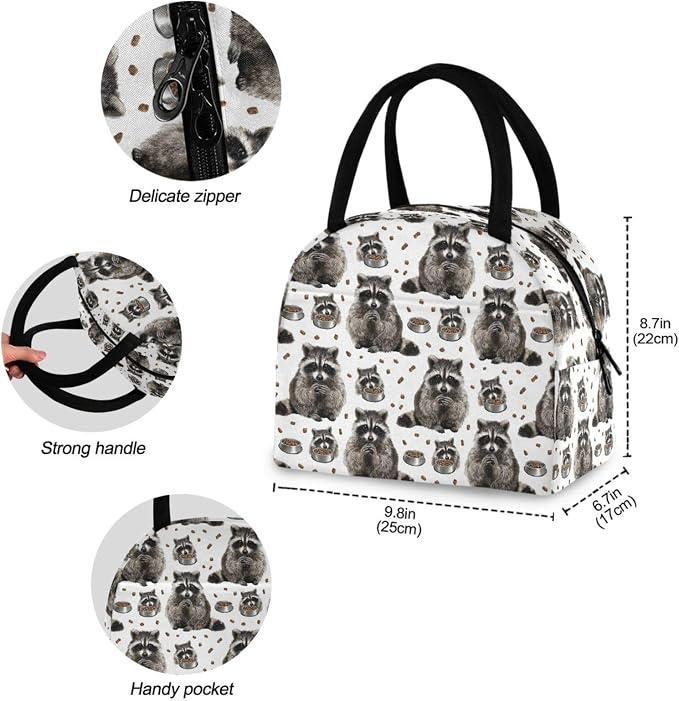 Lunch Bag Pet Food Cute Raccoons Insulated Lunch Box Cooler Lunch Container Organizer Reusable Lunch Tote Bags for Work Travel Outdoor