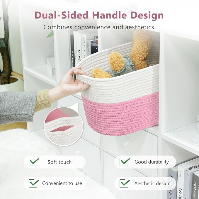 ECDYQXVU 15x10x9 Inch Woven Cotton Rope Storage Basket, 2 Pack | Foldable Design, Built-in Handles, Space-saving Organizer for Living Room, Bedroom, Laundry, Shelves, Clothes, Towels