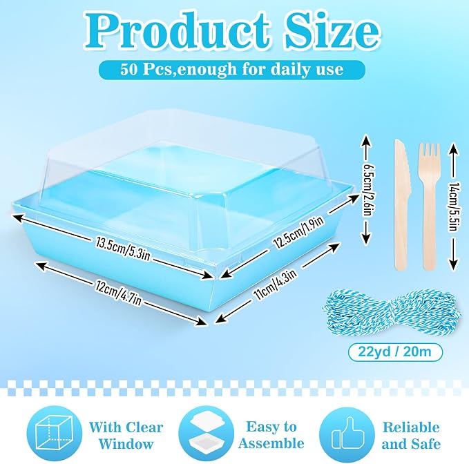 Whaline 50 Set Blue Small Charcuterie Boxes with Lids Forks Knives Summer Clear Mini Dessert Box Disposable Food Containers for Graduation Wedding Gift Giving Beach Party Sandwich Cookie Sushi Cake
