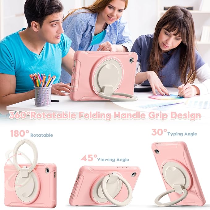Heavy Duty Shockproof Case for Samsung Galaxy Tab A11 8.7 Inch 2025 (Model: SM-X133/X135/X135F) - with 360° Rotating Stand Handle, Built-in Screen Protector,Kid-Friendly Protective Cover (Pink)
