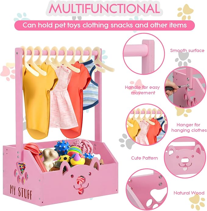 Chunful Dog Closet Wardrobe, Storage Bin, 5 Hangers, Wooden,Pink | Organize Pet Clothes and Toys, For Small Dogs and Cats, Includes Wardrobe Rack and Storage Box, Natural Wood, 19"x13"x9"