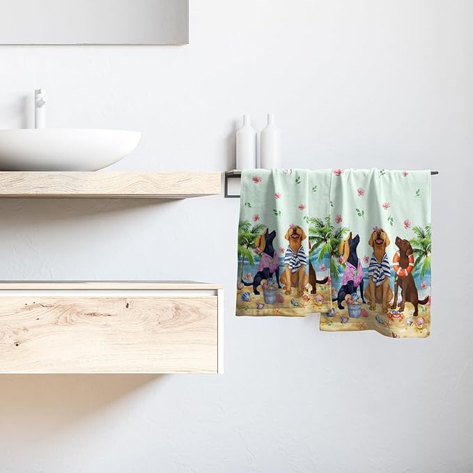 Giwawa Summer Dogs Hand Towel Set of 2, Funny Ocean Beach Coastal Puppy Towel, Tropical Palm Tree Leaf Floral Face Towel Quick Drying Dish Wash Cloth for Hotel Bathroom Gym Home Spa Decor