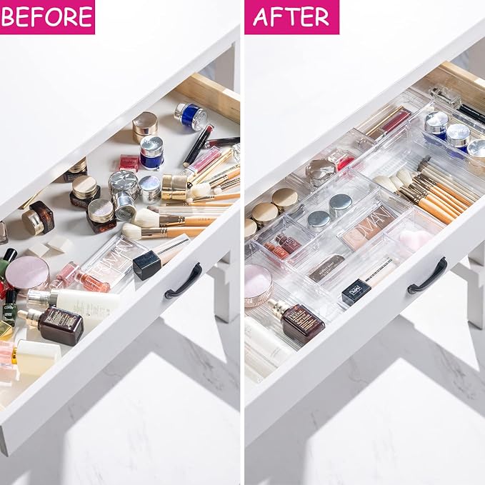DCA 25 PCS Clear Plastic Drawer Organizer Trays, Storage Bins | Makeup, Kitchen & Jewelry | Multi-size Bathroom Bins | Office | Versatile Organization Solution | Easy to Clean