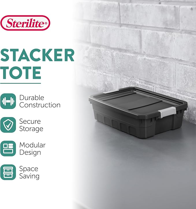 Sterilite 18-Pack Plastic Storage Bins with Lids, Stackable Containers, 10 Gallon, Black