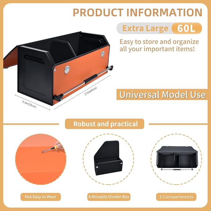 Car Trunk Organizer Leather Car Storage Organizer with Lid Car Organizer | Suv Trunk Organizer with Sturdy Handle Car Cargo Storage Box for Minivan, Sedan, Jeep (Orange, 27 x 11.4 x 12.2in)