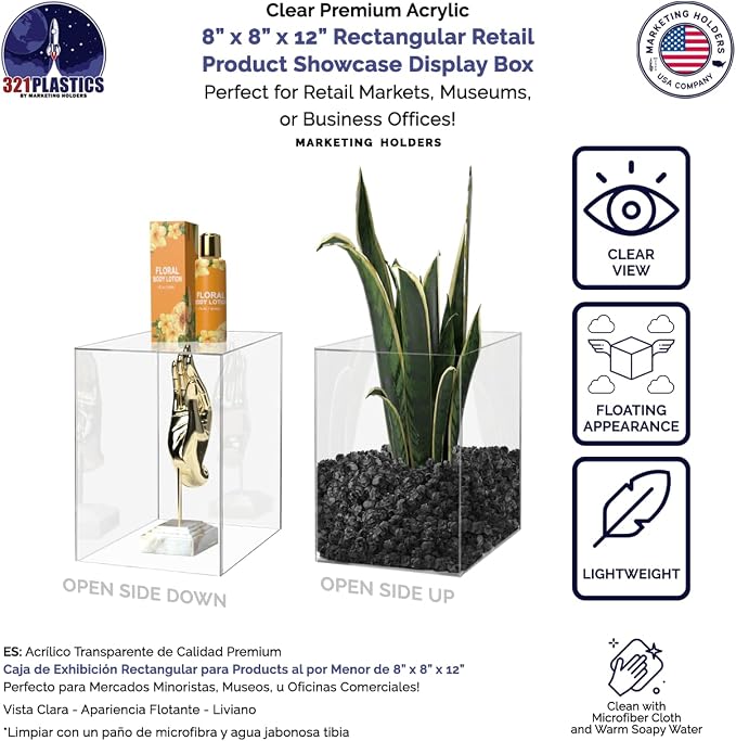 8" x 8" x 12" Clear Acrylic Display Box with One Open Side No Lid Versatile Rectangular Dust Cover Plexiglass Merchandise Storage Bin or Retail Product Riser by Marketing Holders