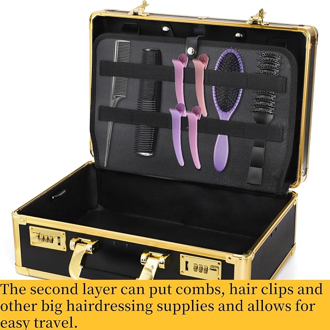 Goaste Professional Barber Supplies Case, 15.7" Barber Carrying Case with Code Lock, Double Layer Hairdresser Tool Box Organizer, Portable Travel Carrying Cases for Hair Stylist & Pet Groomer (Gold)