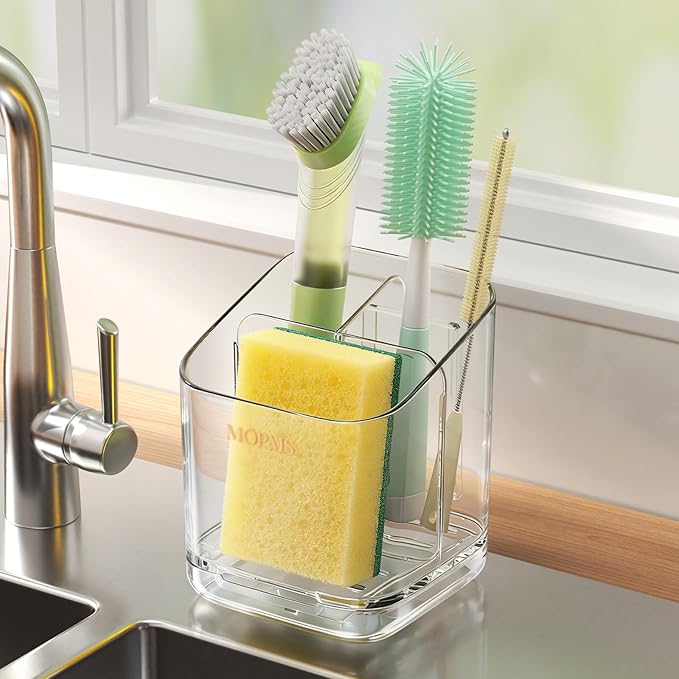 MOPMS Kitchen Sponge Holder with Drip Tray, Sink Caddy Organizer | Clear PET Kitchen Storage Rack Holds Brushes with Removable Divider, Durable Countertop Holder Space-Saving