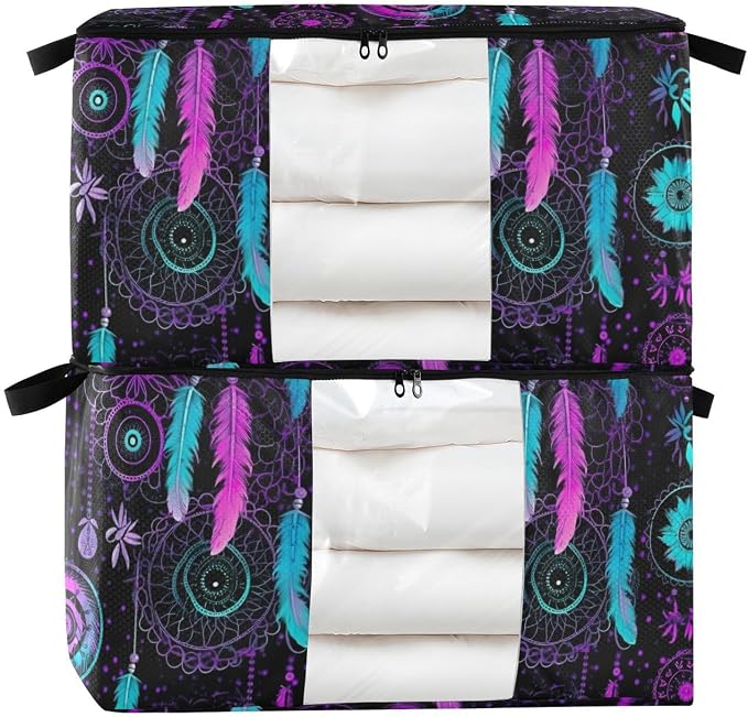 Generic Colorful Dream Catchers Clothes Storage Bag Bins 2 Pack Foldable Storage Containers Large Closet Organizer with Zipper Storage Cubes for Clothing Pillows Comforters 60L