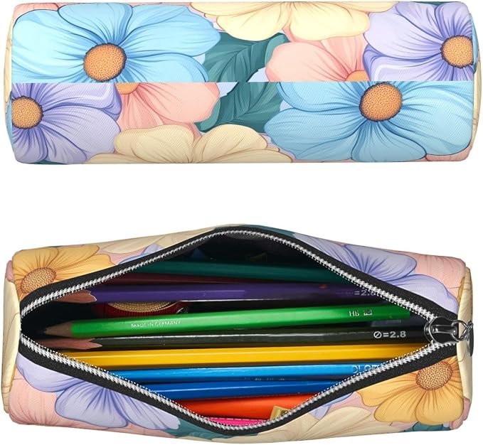 OSAM SPACE Leather Pencil Case Round Pencil Bag Flowers Boho Colorful Pen Organizer Holder Portable Zipper Pouch Cute School Supplies for Girls Boys Study Office