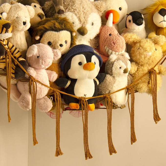 mirolam Stuffed Animal Hammock-Large Stuffed Animal Net For Toys Corner-Hanging Stuff Animal Toy Storage Organizer For Plush Plushie Display Caramel Toy Storage Girl Room Bedroom Boho Nursery Decor