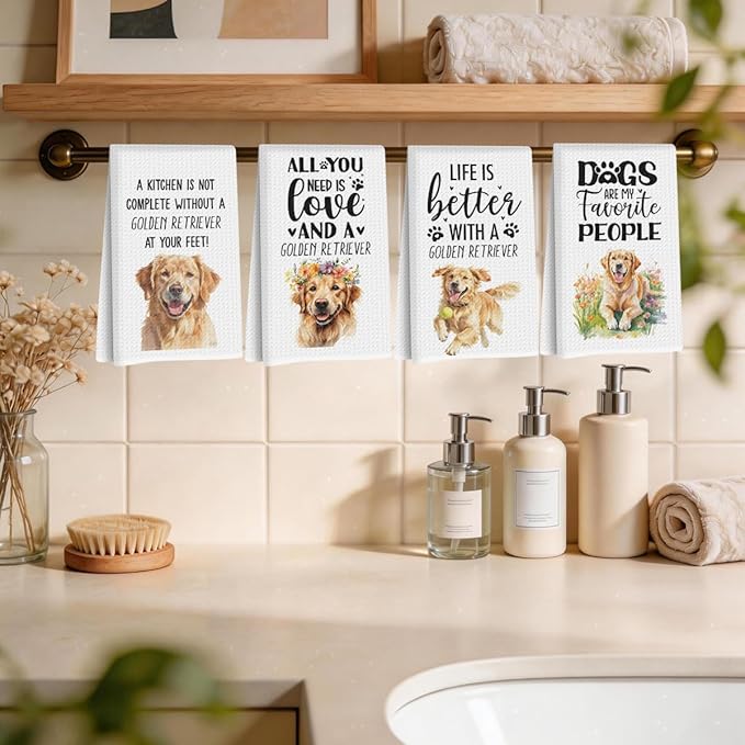 4Pcs Golden Retriever Dog Kitchen Towels 24x14 Inch, Golden Retriever Gifts for Women Mom, Reusable Dish Towels for Kitchen Bathroom Decor, Waffle Weave Absorbent Hand Cloth Tea Towel,Dog Lover Gifts