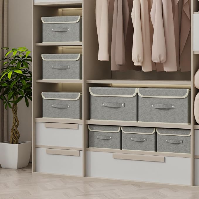 Foldable Fabric Storage Cubes with Lids,Grey 13x9.1x7.9in,3 Pack | Storage Bins with Handles,PP Panel Closet Organizers,Washable Boxes,Collapsible Fabric Container for Underwear and Socks