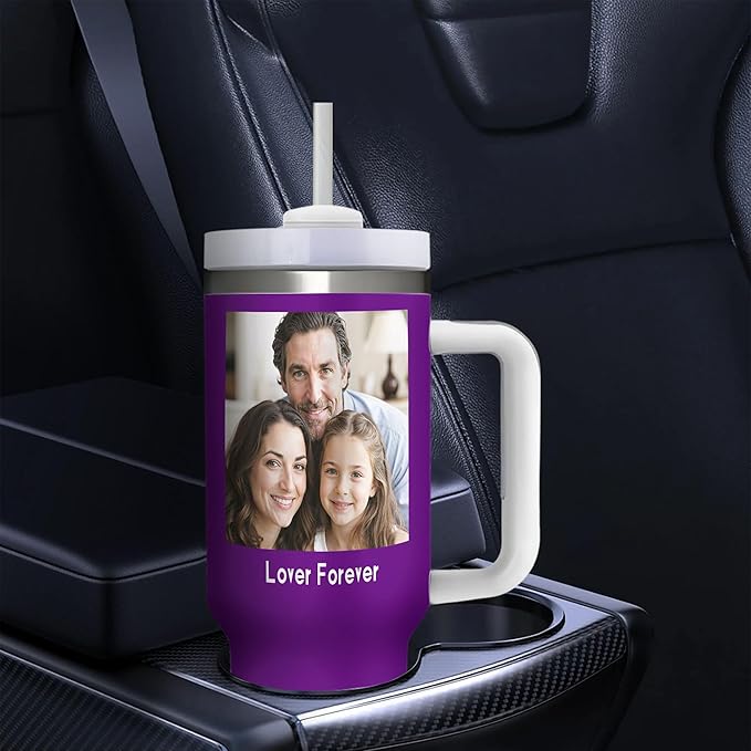 Personalized 40 OZ Ice Bully Cup with Handle and Straw, Custom Stainless Steel Tumbler with Lid Add Photo Logo Text, Design Travel Coffee Cup Present for Family Friends Birthday Christmas