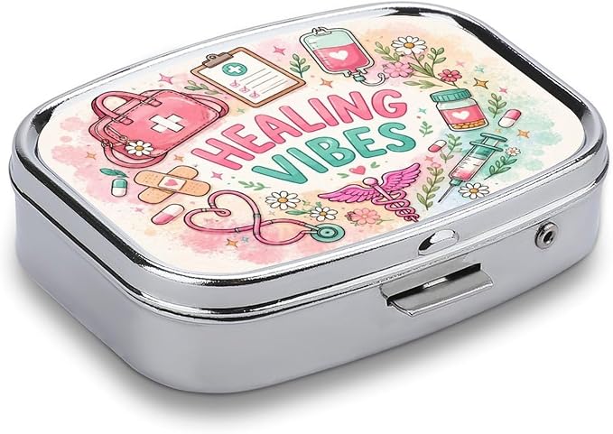 Healing Vibes with Pastel Blooms Two Compartment Pill Box Medicine Organizer, Portable Pill Case with Secure Snap Closure for Vitamins Medication Supplements Daily Use