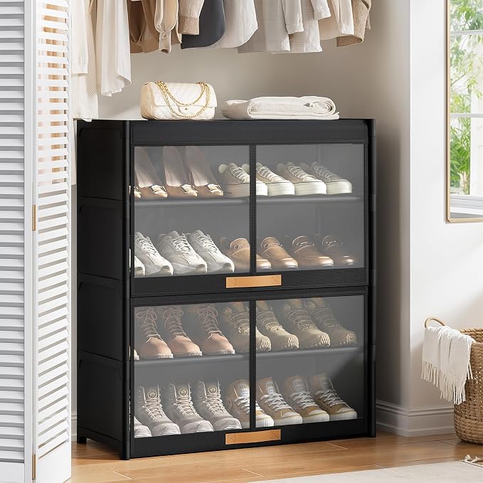 5 Tier Shoe Cabinet with Doors, 20-Pair Storage, Black | Ideal for Small Families, Transparent Doors Locate Shoes Fast, Removable Layers for Tall Boots, Easy clean