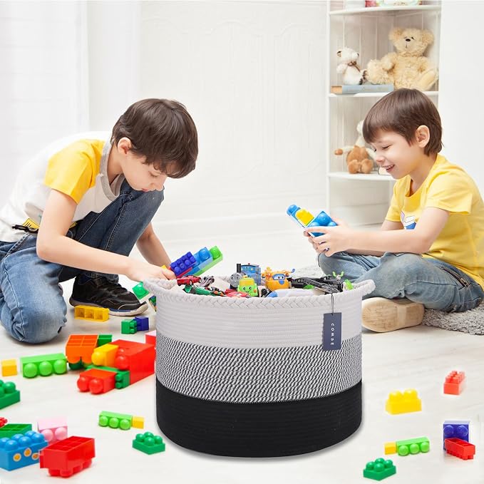 COMSE XXXLarge Woven Blanket & Laundry Basket, 87L, White &Gray &Black | 21.7"x 13.8", Cotton Rope, Nursery Hamper for Storage of Toys, Clothes & Towels, Ideal for Living Rooms, Bedrooms & Bathrooms