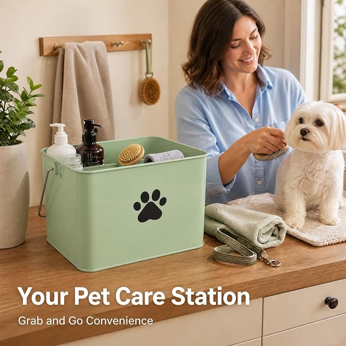 Pethiy Dog Grooming Bag Organizer Basket, Metal Dog Grooming Caddy-Green | Grooming Caddy with Carry Handle, Portable Pet Storage Bin for Bath Supplies, Grooming Tools,Waste Bags,Outdoor Pet Care