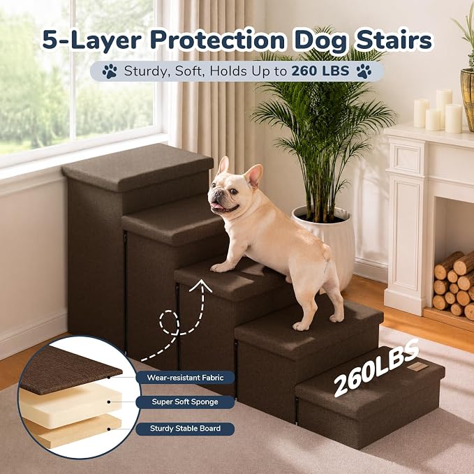 5-Step Wide Dog Stairs with Storage 23" H, Non-Slip Sturdy Pet Steps for High Bed Couch Window, Pet Stairs for Small/Medium/Large Old Dogs Cats Up to 260lbs, Cat Dog Steps for Car/SUV, Coffee