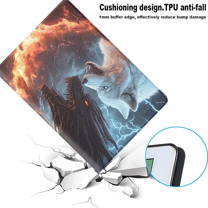 for Samsung Galaxy Tab A7 Lite 2021 (SM-T220/T225/T227) Tablet Protective Cover with Adjustable Stand and Magnetic Auto Wake/Sleep,Wolf and Dragon