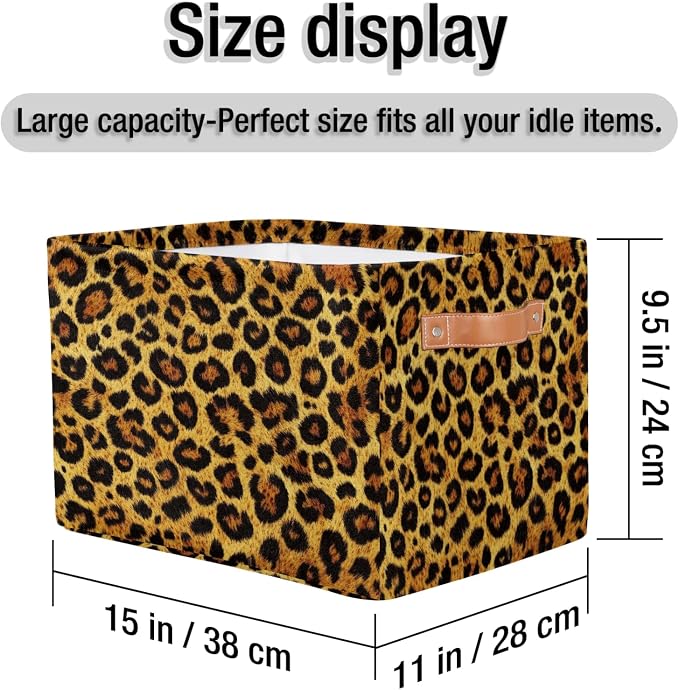 Leopard Print Storage Boxes Theme Storage Nursery Baskets with Handle Closet Collapsible Organizer Shelf Bins for Book Cloth 15 X 11 X 9.5 IN