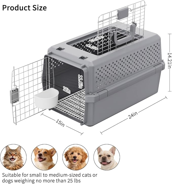 Hard-Sided Pet Carrier: Portable Travel Crate for Medium Pets | Secure Metal Locking Door / 360° Ventilation Panels / Spacious for Medium Pets / Top Carry Handle / Lightweight Durable Shell