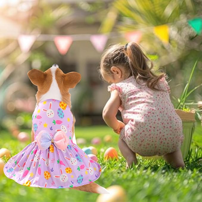 Easter Dog Costume Dress for Pets, Easter Bunny Pet Outfit Dogs Bow Clothes,Purple Puppy Skirt, Spring Dog Outfit,Size L (24.2-28.6 lbs)