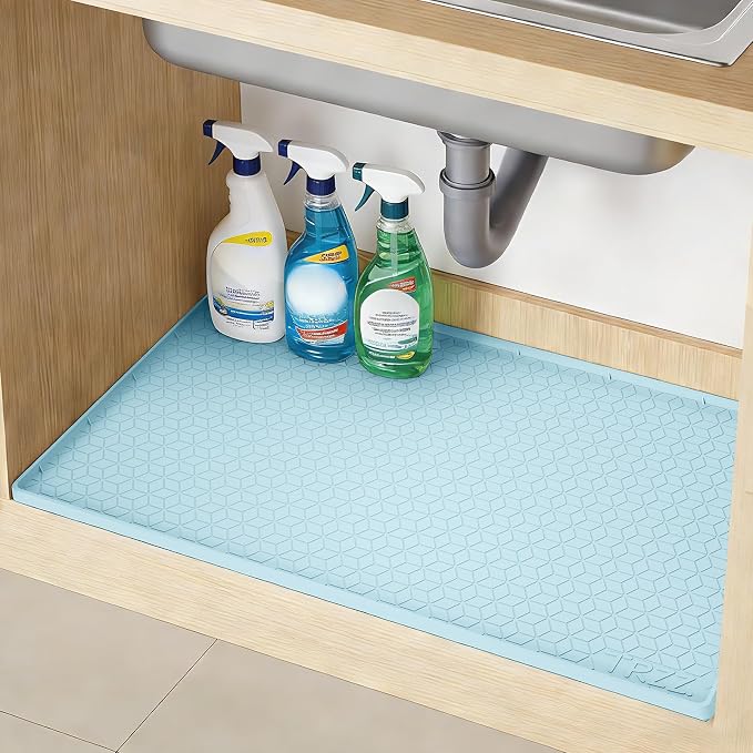 TRZZ Waterproof Under Sink Mat, 31"x22", Drip Tray Shelf Liner, Light Blue | Silicone, Cabinet Protector, Home Organizer, for Kitchen, Bathroom, Multipurpose, Easy Clean, Leak Proof, Organizes Cabinets