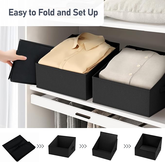 DIMJ Closet Storage Bins 8 Pack - Fabric Trapezoid Closet Organizer Bin, Foldable Storage Baskets for Shelves, Closet Shelf Organizer, Clothing Storage Box for Toys, Books, Towel, Clothes, Black
