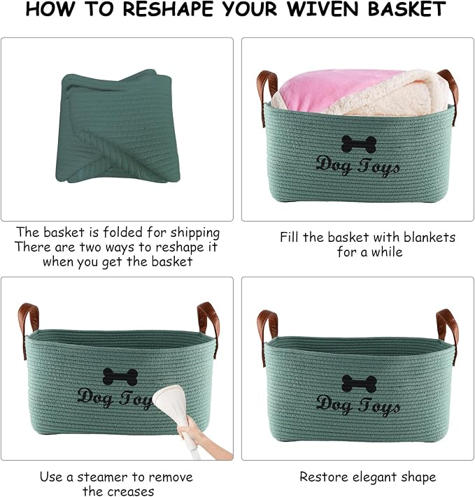 X-Large Cotton Rope Dog Basket with Leather handle Blanket Storage Basket Decorative Clothes Hamper Basket | Extra Large Baskets for Blankets or Laundry-Geen