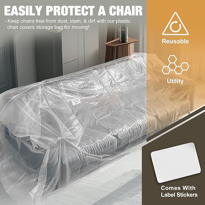 2 Pack Clear Plastic Moving Sofa couch Furniture Storage Covers | Extra Large 92x 62 x 42 Inch Moving Bags, With Label, Waterproof, Dust Proof