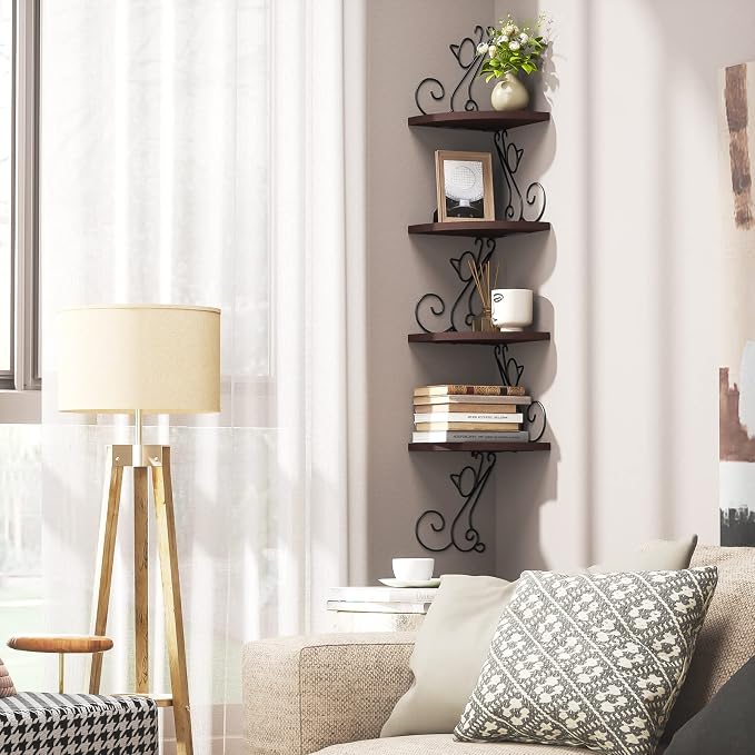 Alsonerbay 4-Tier Cat Shaped Corner Floating Shelf Wall Mount, Walnut | Curved solid wood, 35.2 lbs total capacity, reinforced metal bracket, rustic decor, for bedroom, living room & kitchen