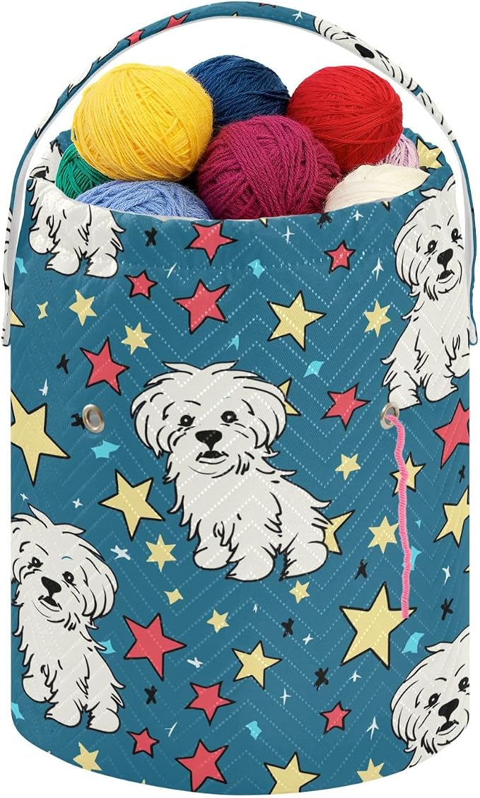 Fustylead Hand Draw Cartoon Maltese and Red Yellow Stars Large Crochet Organizer, Durable Polyester Drawstring Basket Yarn Storage Bag for Crochet Hooks, Knitting Needles, Project and Sewing Supplies