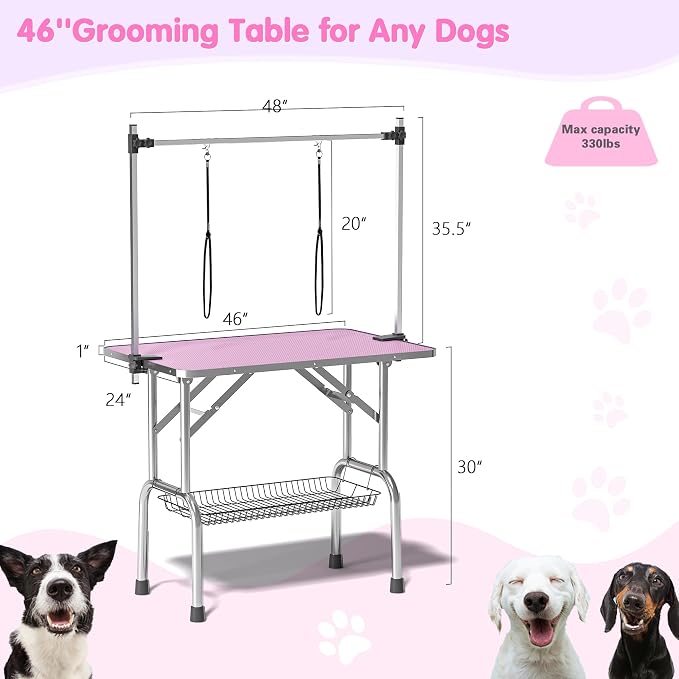 46'' Stainless Steel Pet Dog Grooming Table, Arm/Noose/Tray, Pink | Foldable Dog Grooming Table for Dogs at Home, Adjustable Height Arm, Non-Slip Waterproof Tabletop, Capacity 330Lb