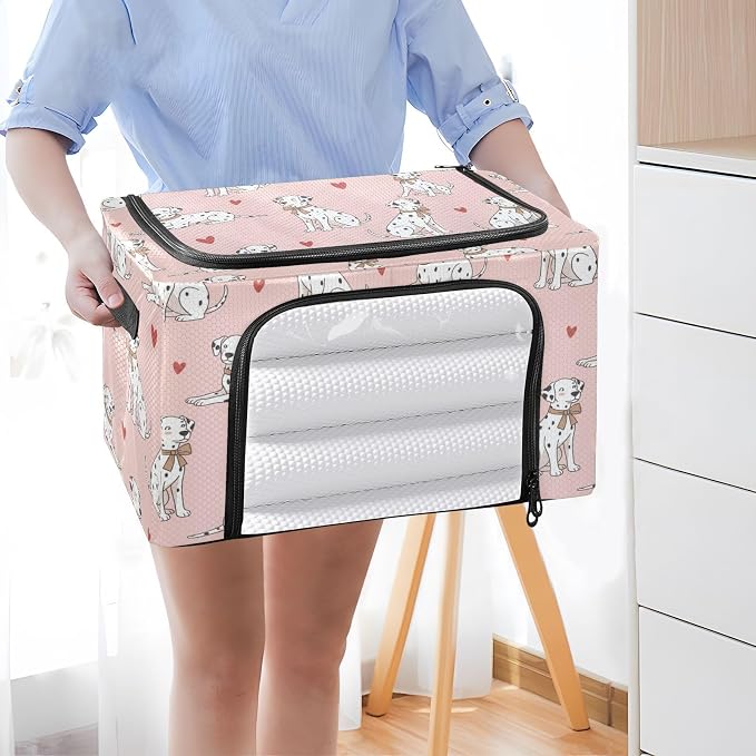 Cute Pets Dogs Pink print Under Bed Storage Containers with Double Zipper Openings, Foldable Clothes Storage Bins with Clear Window and Handles for Comforters Blankets Bedding