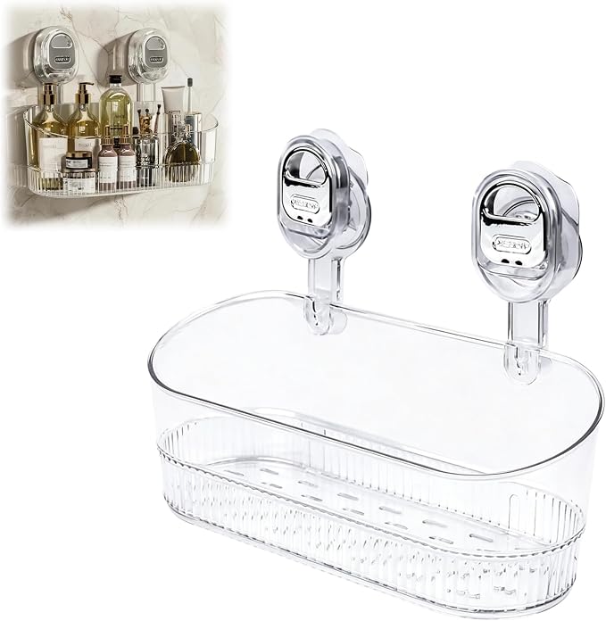 No Drill Clear PET Lock Suction Storage Caddy with Drain Holes | Lockable no-drill suction cups, drain hole PET basket, fits marble, glass, tile & smooth metal walls.
