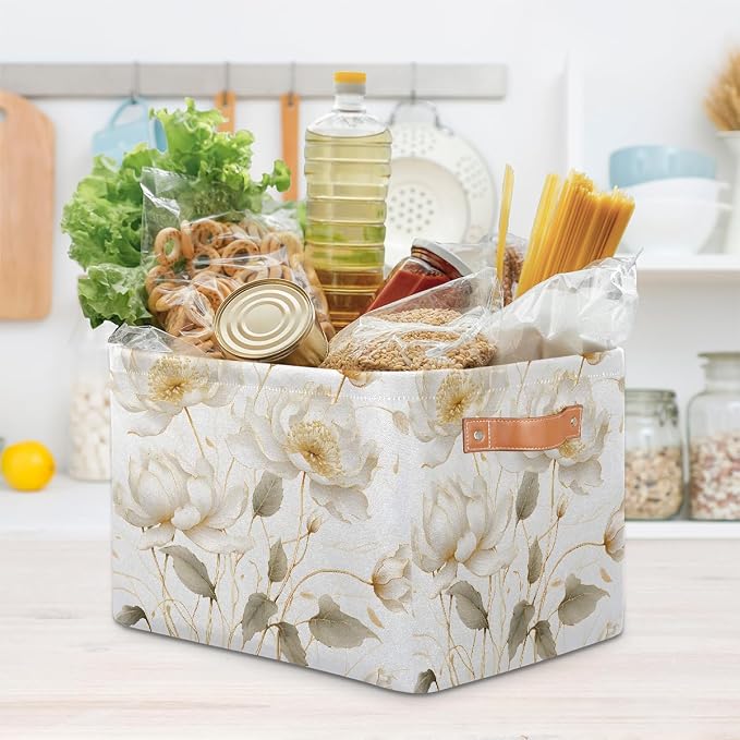 Rectangular Storage Basket White Flower Decorative Storage Bins Boxes Collapsible Cubes Organizer with PU Leather Handles for Home Organization