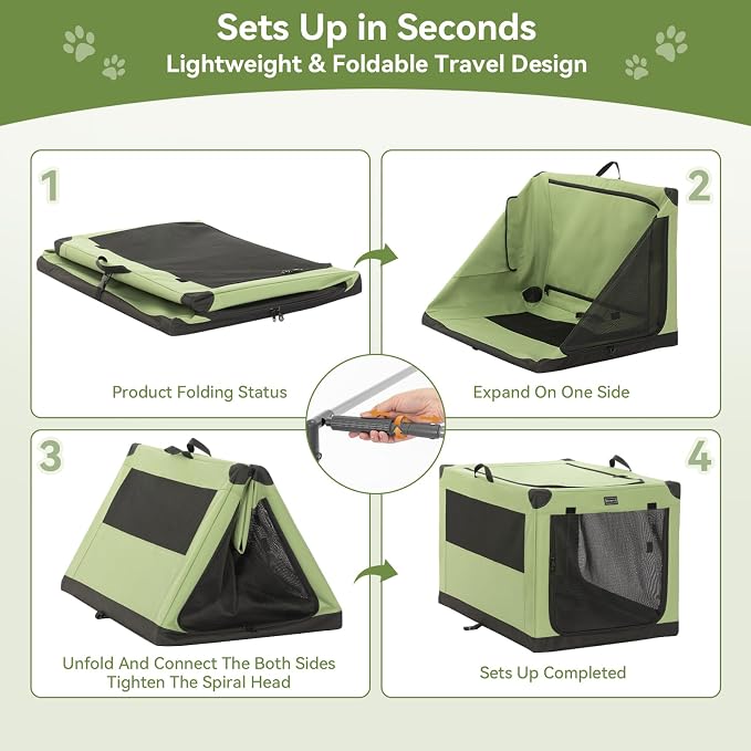 PETSFIT 30" Soft Portable Dog Crate – Patented Spiral Sturdy Frame, Collapsible Travel Kennel for Medium Dogs, 3 Mesh Door, Lockable Zippers, Indoor & Car Use Green