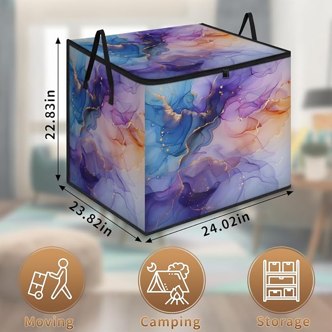Purple Blue and Gold Marble Large Storage Bags, Fabric Bed Storage Containers, Foldable Closet Organizers for Blanket, Clothing, Comforter, Bedding, Abstract Modern