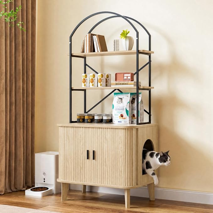 31.5" Cat Litter Box Enclosure,Hidden Litter Box Furniture with 2-Tier Storage Shelves,Wooden Cat Washroom and Pet House with Sliding Tambour Door for Living Room, Oak