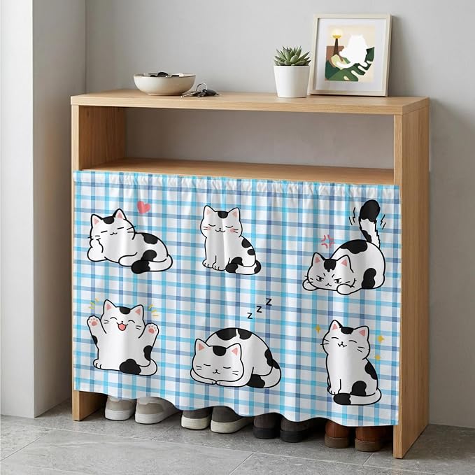 Cute Cat Cabinet Dishwasher Hidden Curtains, Privacy Closet Door Curtain, Modern Playful Pet Cats Blue Purple Plaid Adhesive Dust Proof Under Sink Skirt for Bathroom Kitchen 35"x35"