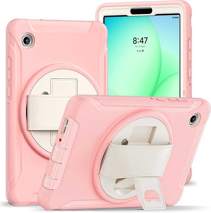 for Samsung Galaxy Tab A11 (2025) 8.7 inch Case 5G with Screen Protector, Hand Strap, Pen Holder & 360° Rotating Stand,Shockproof Protective Cover for SM-X130/X133/X135 (Pink)