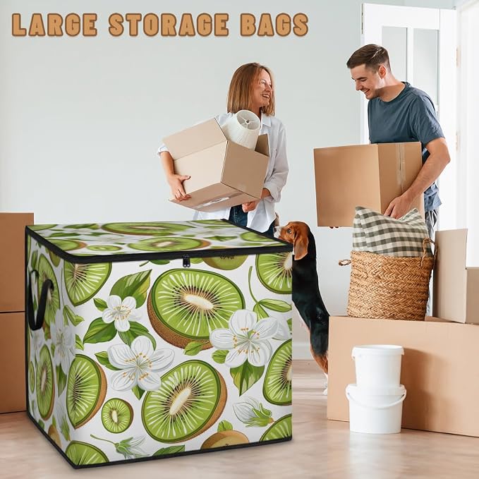 Kiwi Fruit Large Storage Bags, Fabric Bed Storage Containers, Foldable Closet Organizers for Blanket, Clothing, Comforter, Bedding, Fresh Kiwi Fruit