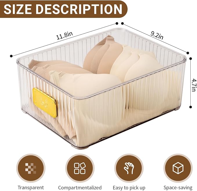 Clear Bra Organizer, Plastic Underwear Drawer Organizer with Lid for Closet, Undergarment Storage Ideal for Socks, Bras, Ties, and Scarves
