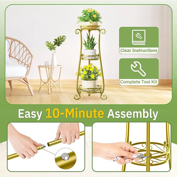 KMOTASUO 3 Tier Metal Plant Stand Tall for Indoor Outdoor Corner, Gold | Heavy Duty Flower Holder Rack, Modern Vertical Iron Shelf for Patio Bathroom Office Garden