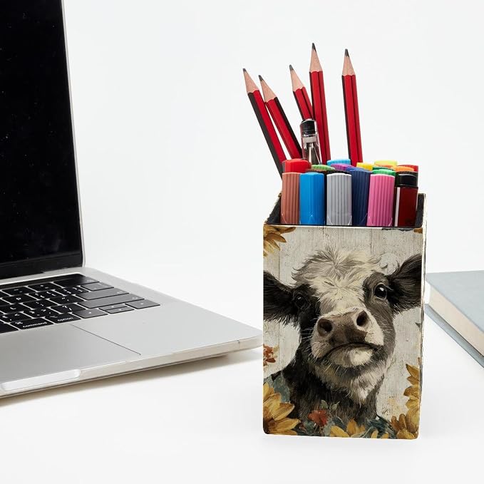 Retro Cow Pen Holder for Desk Decor, Rectangular PVC Leather Pencil Cup for Desk Pen Organizer, Makeup Brush Holder for School, Home, Office