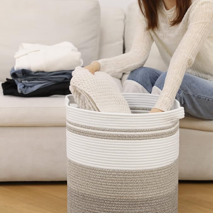 OIAHOMY 58L Laundry Baskets-Laundry Hamper, Storage Basket with Handles, Decorative Basket for Living room, Woven Storage Basket for Toys Bin, Pillows, Blankets, Clothes-18x16in-Gradient Brown | Tall Dirty Clothes Hamper with Handle,Blanket Basket,Deco...