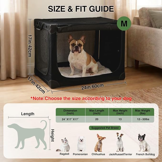 24 x 17 x 17 Inch Collapsible Soft Dog Crate for Dogs Up to 30 lbs, Portable Travel Pet Kennel with 4 Zip Doors, Foldable Indoor Outdoor Crate with Mat, Carry Bag, Black