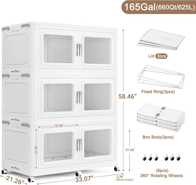 BROVIEW 660 Qt Extra Large Stackable Storage Bin with Lid, 3 Pack White | 165Gal Extra Large, Collapsible Storage Boxes with 3 Lids, Folding& Rolling Plastic Drawer, Heavy-Duty Cabinet Organization